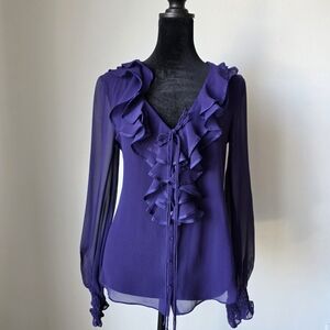 Vintage Yoana Baraschi Deep Purple Ruffle Silk Sheer Blouse S